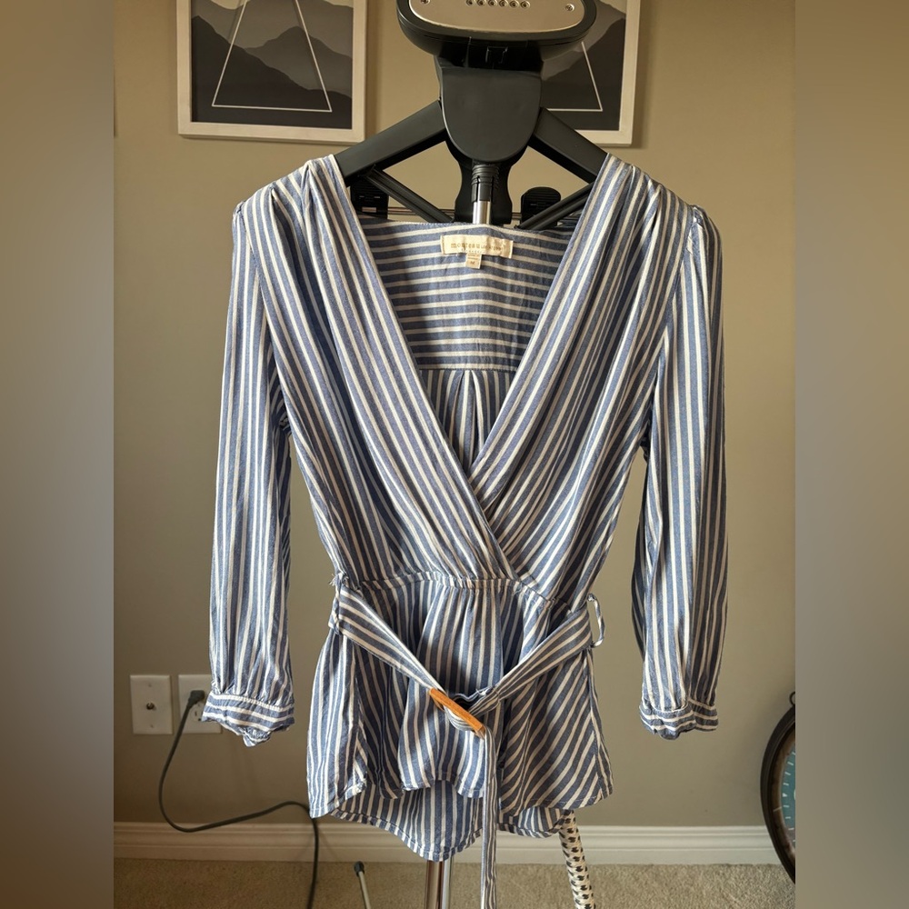 Striped Blue Wrap Peplum Top with Tie Waist